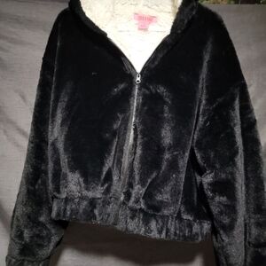 Black Faux-Fur Zip Hooded Jacket